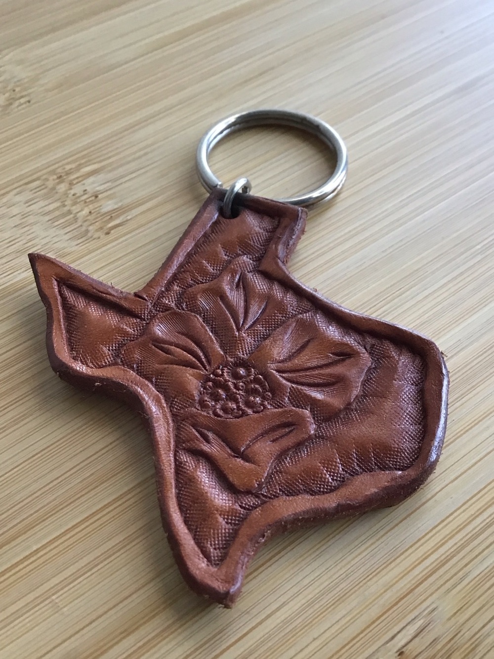 Leather Texas-Shaped Floral Keychain - Brown